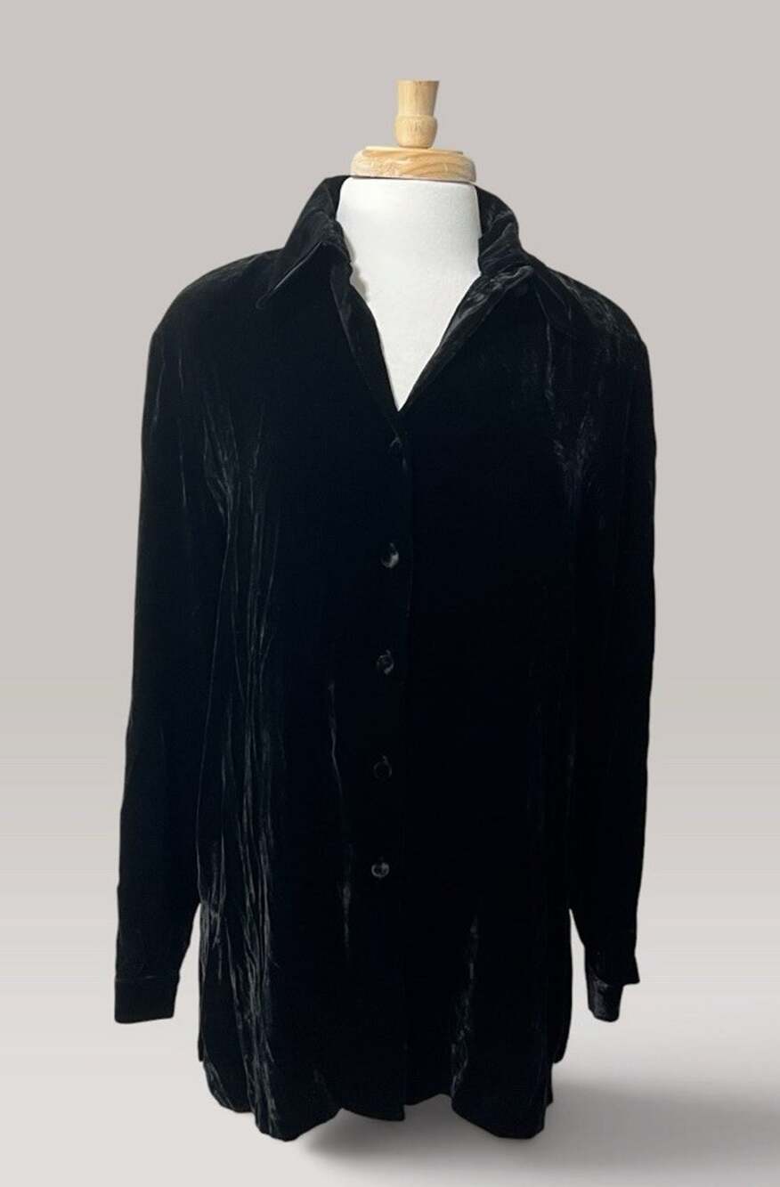 Silk Lore by Bet Terrell Womens Small Black Velvet Button Down Shirt Tunic